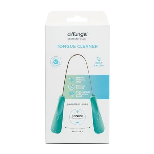 drTung's Stainless Steel Metal Tongue Scraper - Tongue Cleaner for Adults, Kids, Helps Freshen Breath, Easy to Use Comfort Grip Handle, Comes with Fabric Travel Pouch - 1 Pack