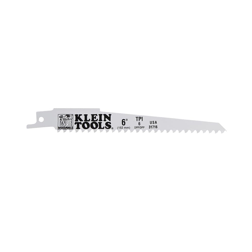 Klein Tools 31716 Bi-Metal Reciprocating Saw Blade, Made in USA, for General Rough-in and Wood with Nails, 6 TPI, 6-Inch, 5-Pack