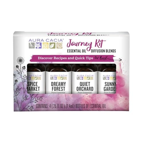 Aura Cacia Journey Essential Diffusion Oils Kit, 4-Pack, Spice Market, Dreamy Forest, Quiet Orchard & Sunny Garden Pure Oils