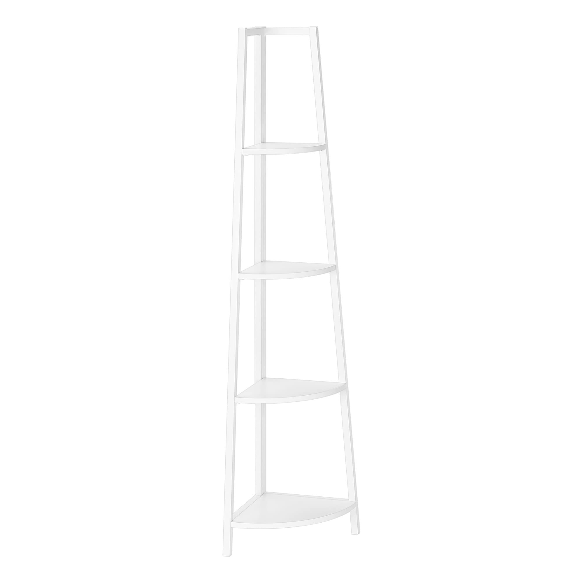 Monarch Specialties I 3665 Bookshelf, Bookcase, Etagere, Corner, 4 Tier, 60" H, Office, Bedroom, Metal, Laminate, White, Contemporary, Modern