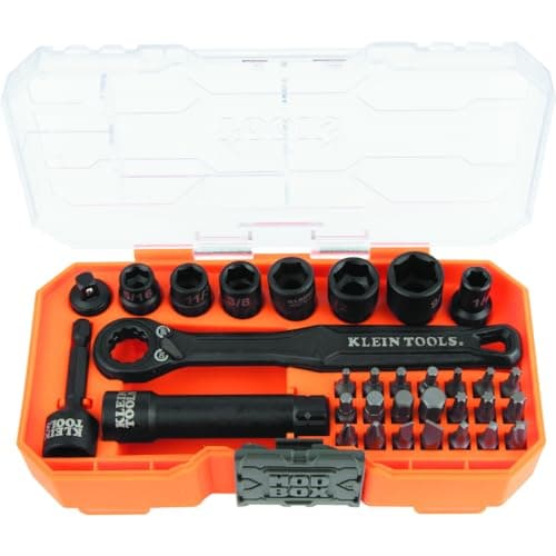 Klein Tools 65300 KNECT 32-Piece Pass Through Socket Set, SAE Impact Set with MODbox Case, 1/4-Inch Drive, Sockets, Bits and Accessories