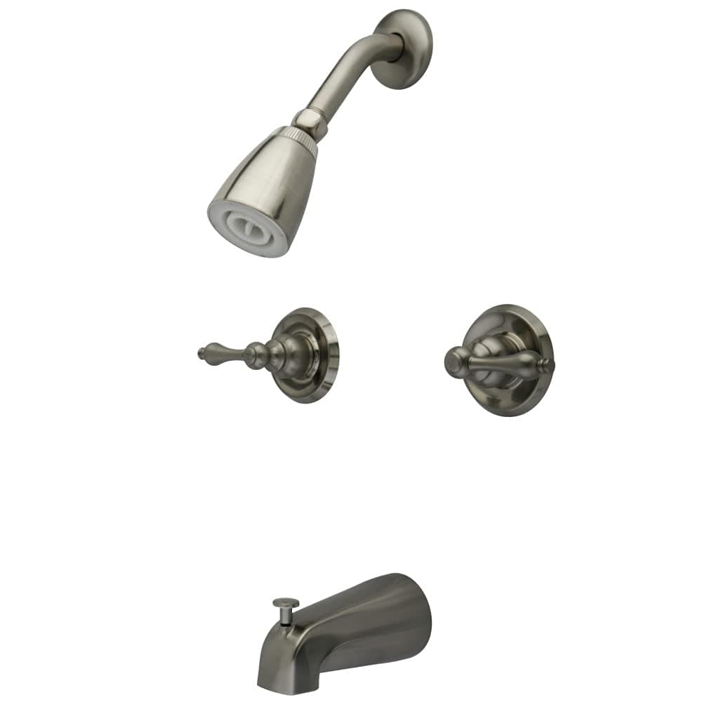 Kingston Brass KB248AL Twin Handle Tub and Shower Faucet with Decor Lever Handle, Brushed Nickel, 5-Inch Spout Reach