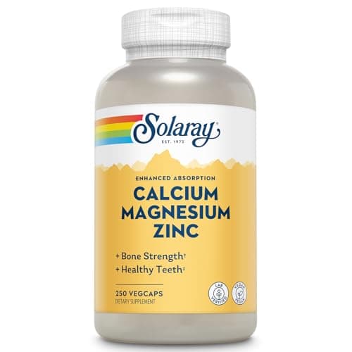 SOLARAY Calcium Magnesium Zinc Supplement - with Calcium 1000mg, Magnesium 500mg - Bone Health, Muscle Function, Heart Health and Immune Support - Vegan, 60 Day Guarantee, 62 Servings, 250 VegCaps