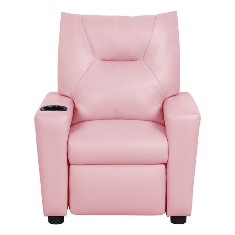 Lilola Home Perline 23" W Pink PU Leather Kids Recliner Chair – Faux Leather Toddler Armchair with Cup Holder and Soft Padded Back for Bedroom or Playroom