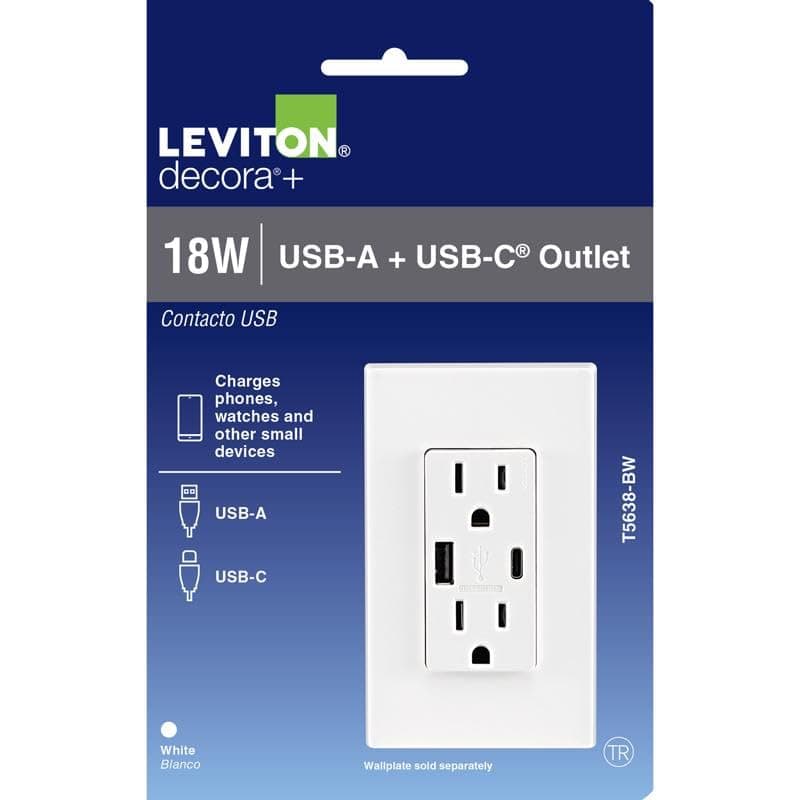 Leviton Decora 15 amps 125 V Type A/C Duplex White Outlet and USB Charger 5-15 R 1 pk