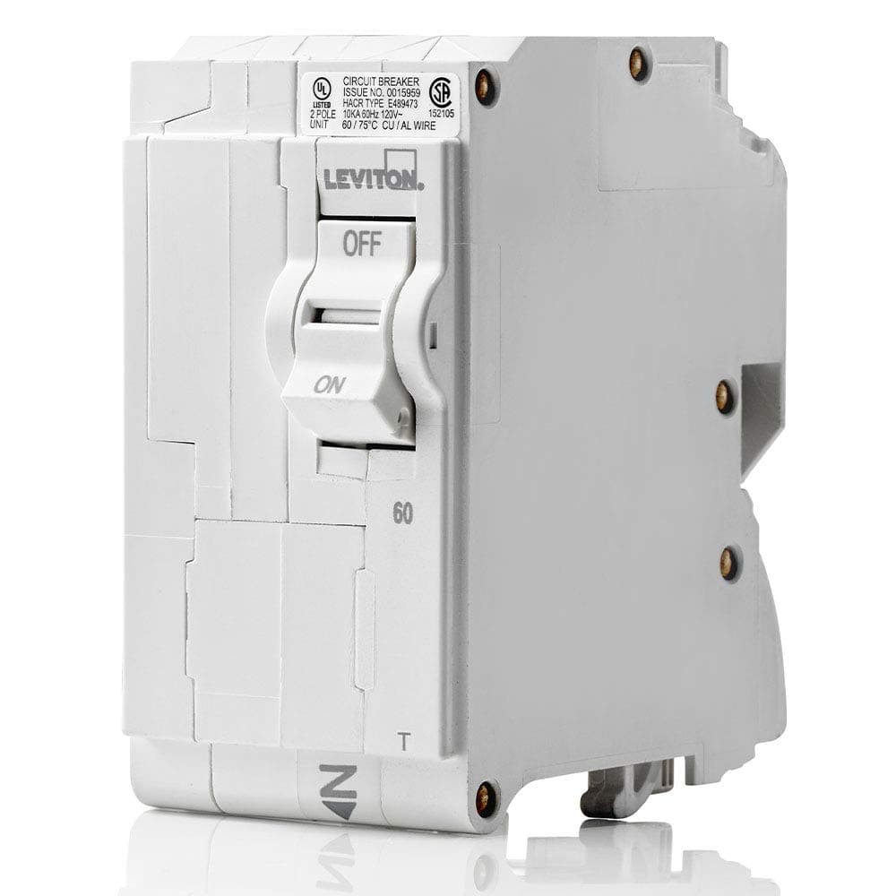 Leviton 60A 2-Pole Plug-On Standard Branch Circuit Breaker, Thermal Magnetic, 120/240 VAC, LB260-T, White
