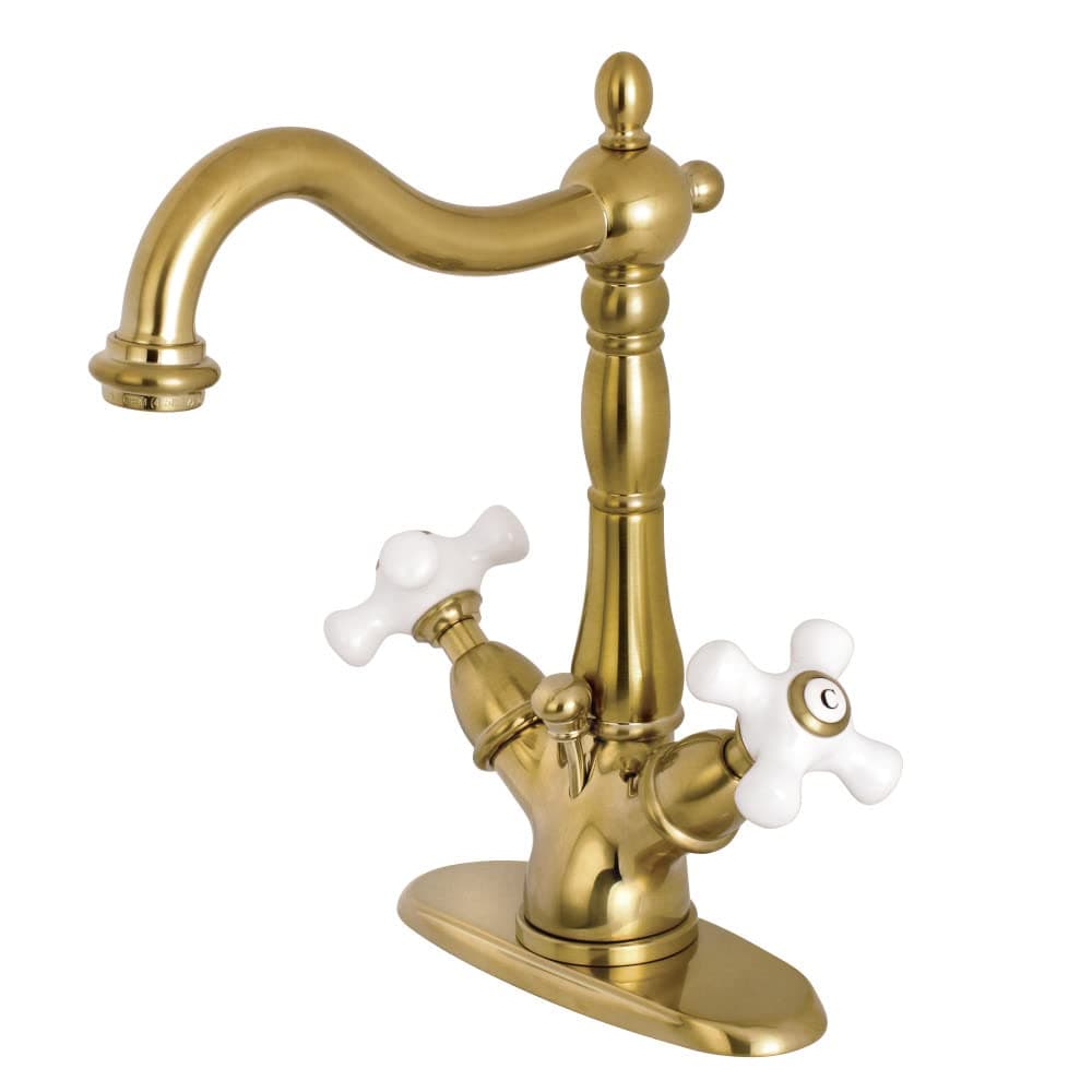 Kingston Brass KS1437PX Heritage 4" Centerset Lavatory Faucet, 6-1/2" in Spout Reach, Satin Brass
