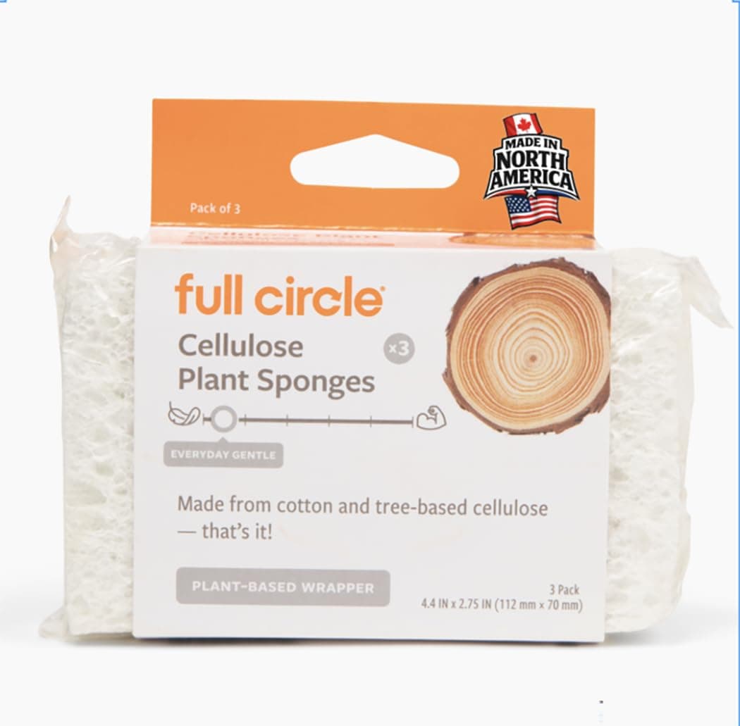 Full Circle Plain Jane, 100% Plant-Based Cellulose Sponges – Pack of 3 – Plastic-Free, Natural Sponge, No Microplastics, Safe for Nonstick Cookware