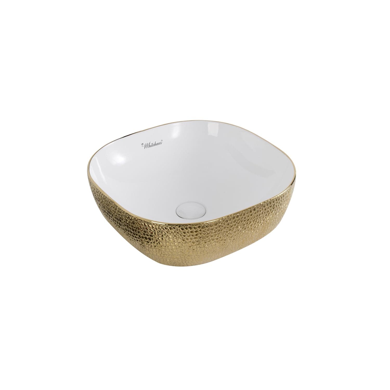 Whitehaus Collection WH71301-F25 Isabella Plus Collection Square above Mount Basin with An Embossed Exterior, Smooth Interior, & Center Drain, White/Gold