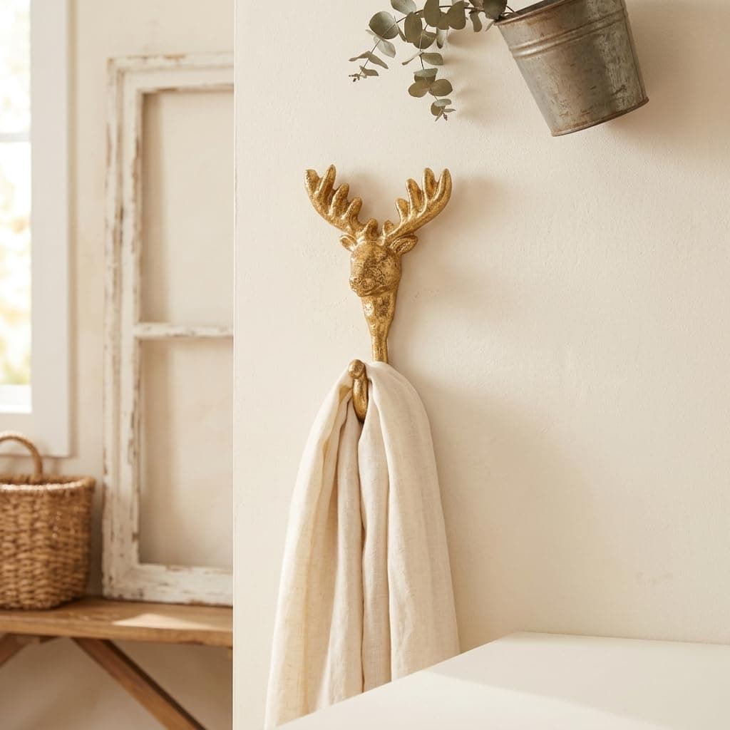 Cheungs Mythra Golden Reindeer Cast Iron Wall Hook 5.5" - Metal Cast Iron Wall Hook for Living Room Decor, Elegant Gold Finish, Handcrafted Rustic Style