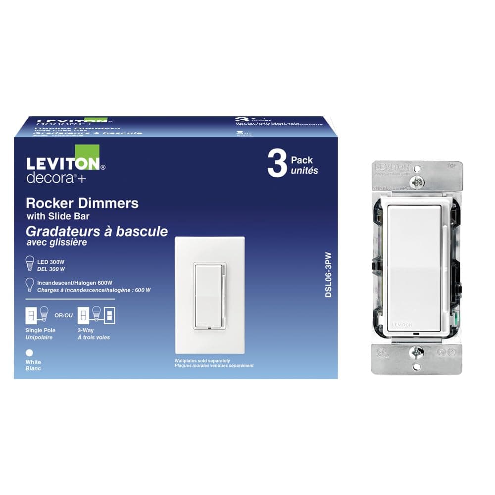 Leviton 3-Pack Decora Universal Rocker Dimmer with Slide Bar, DSL06-3PW, White