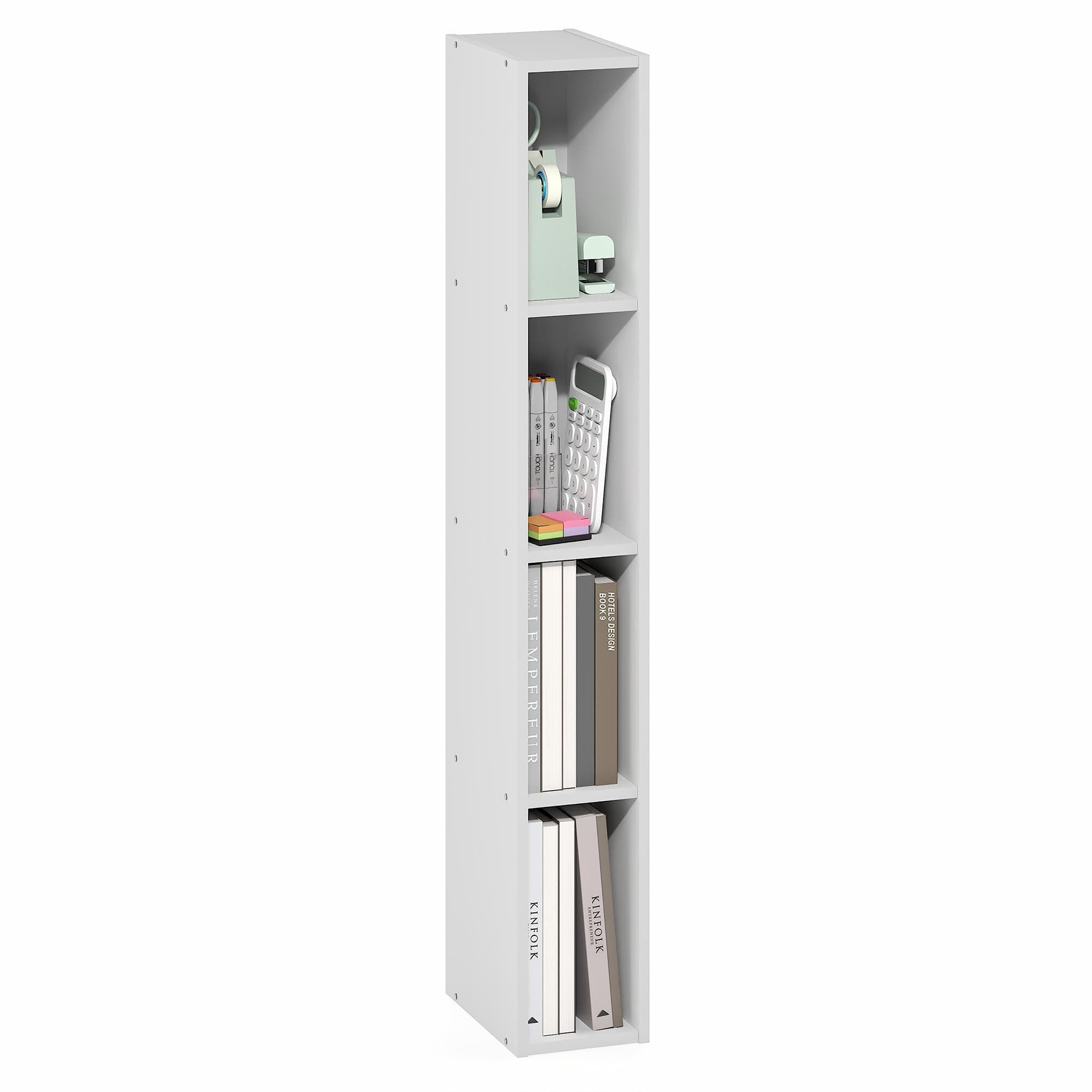 Furinno Fulda Book Shelf, 4-Tier Narrow Bookshelf, Standing Bookcase with 6-in Width Storage Shelf, 9.3 x 5.9 x 41.6, for Organization and Storage, for Living Room, Bedroom, Home Office, White
