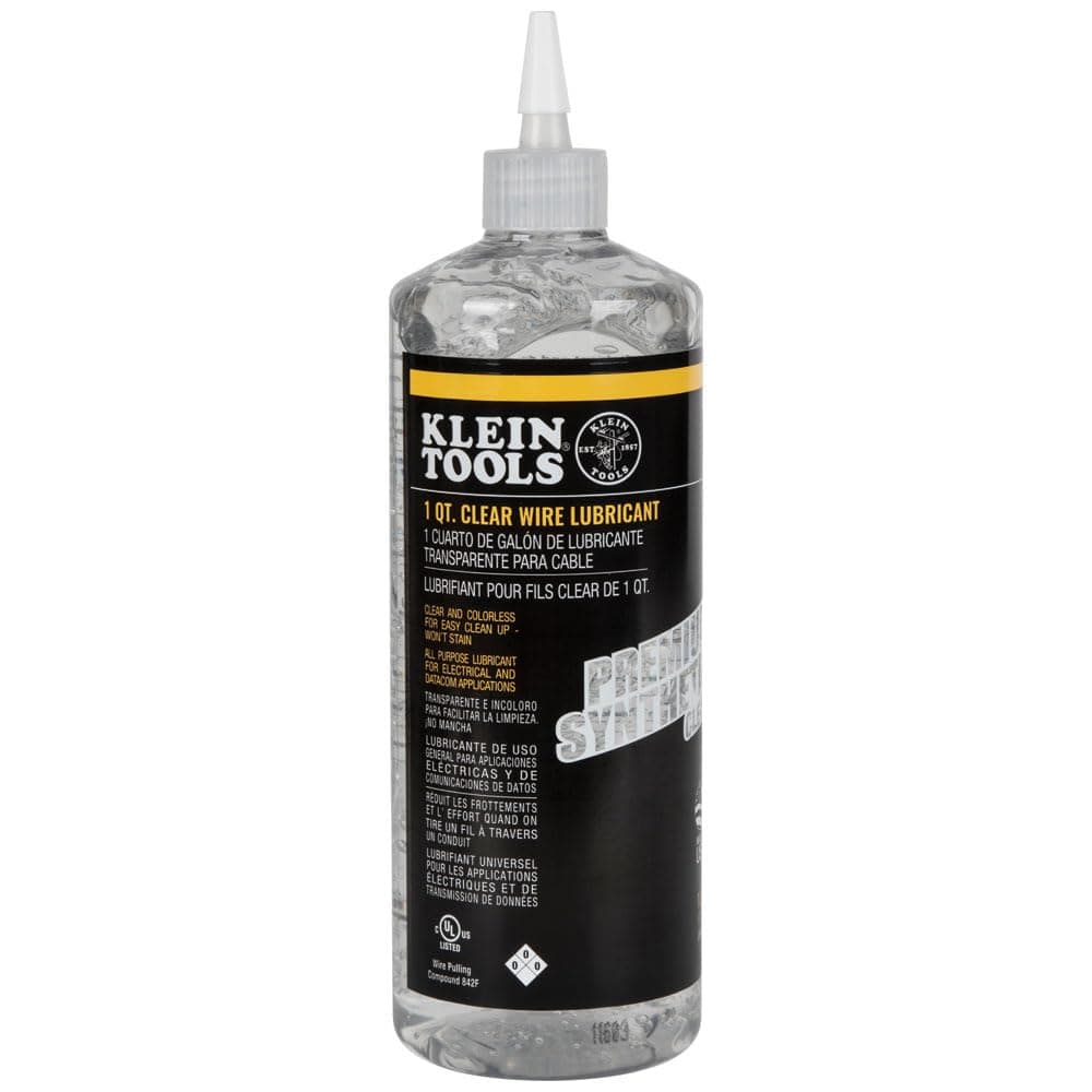 Klein Tools 51028 Clear Lubricant, Made in USA, Premium Synthetic Clear Electrical Cable Lubricant, 1-Quart Squeeze Bottle