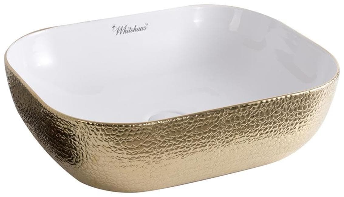 Whitehaus Collection WH71333-F25 Isabella Plus Collection Rectangular above Mount Basin with An Embossed Exterior, Smooth Interior, & Center Drain, White/Gold