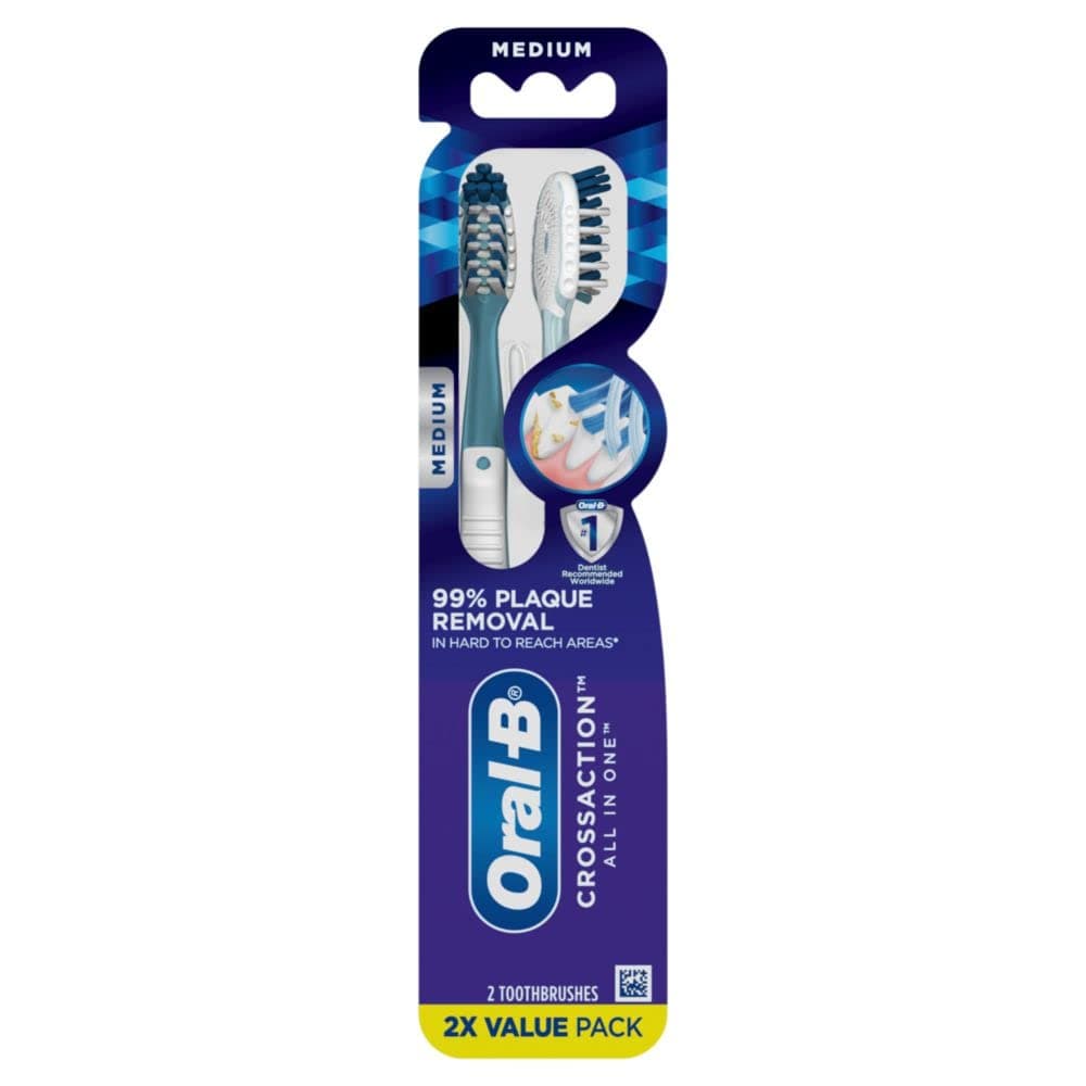 Oral-B Pro Health CrossAction Plaque Removal toothbrushes, 2 Count Toothbrush Medium, Deep Reach in Tight Spaces, Tongue Scraper Tooth Brush, Plaque Fighter, Gentle on Teeth, Gum stimulators