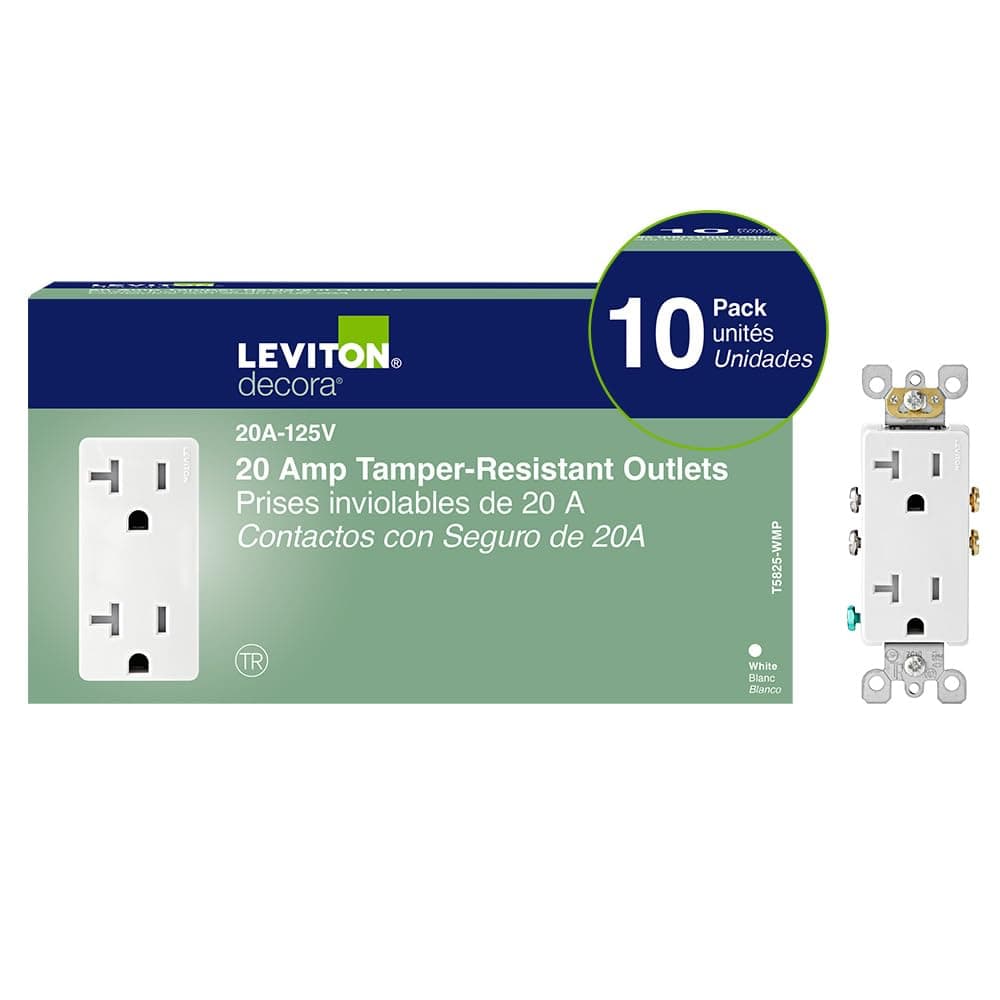 Leviton Decora Tamper Resistant Receptacle, 10-Pack, 20 Amp, T5825-WMP, White