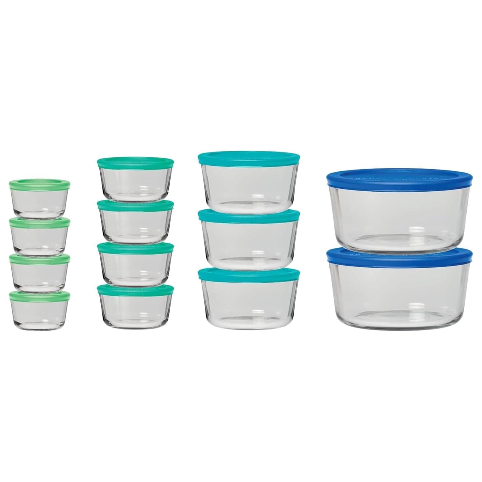 Anchor Hocking 26 Piece Glass Storage Containers with Lids (13 Glass Food Storage Containers & 13 Mixed Blue SnugFit Lids)
