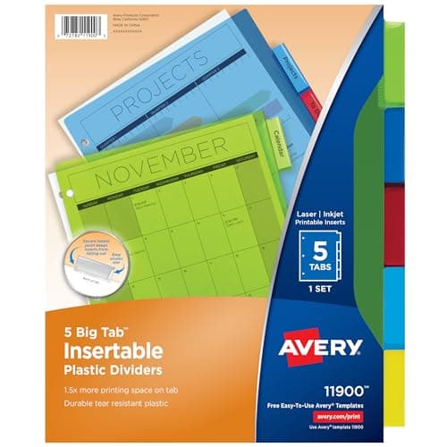 Avery Dividers for 3 Ring Binders, 5-Tab Plastic Binder Dividers, Insertable Big Tabs, Multicolor, 1 Set (11900)