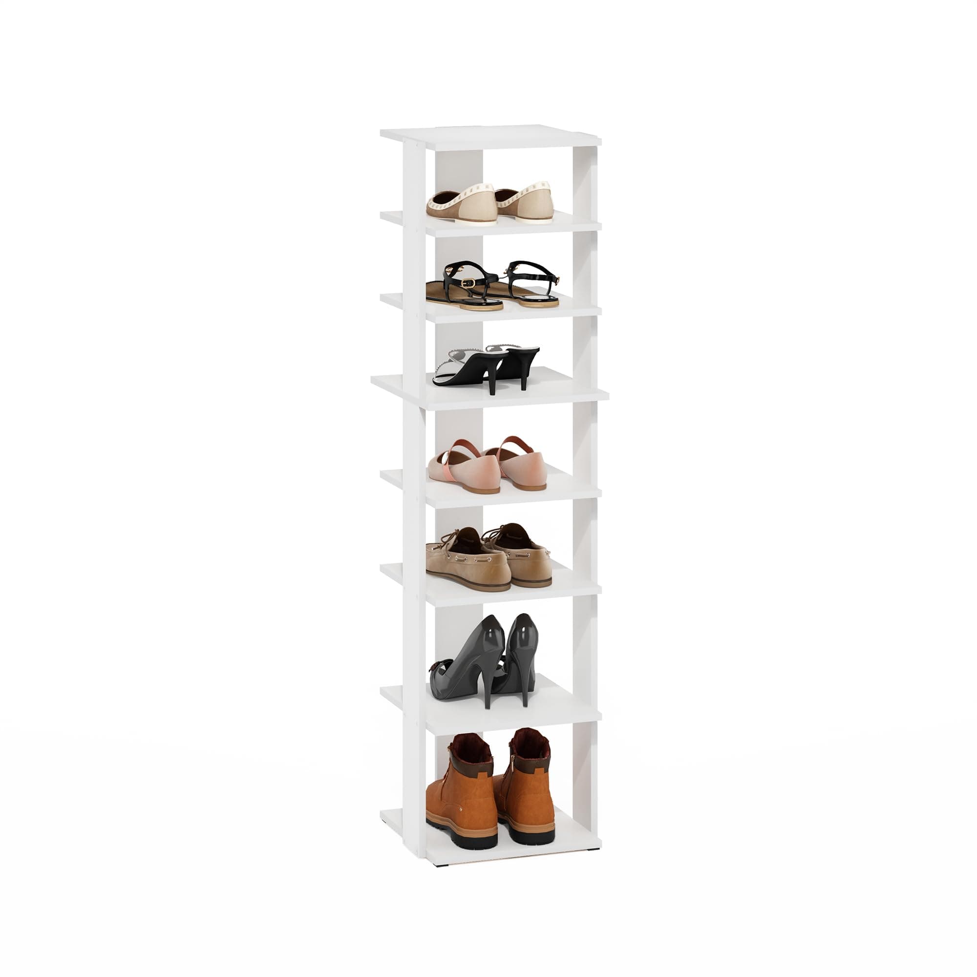 Furinno Compact Vertical Shoe Rack, 8-Tier Narrow Shoe Organizer, Free Standing Shoe Storage, Shoe Shelf for Boots, Sneakers, 12 x 12.6 x 46.7, for Closet, Entryway, Office, Garage, White