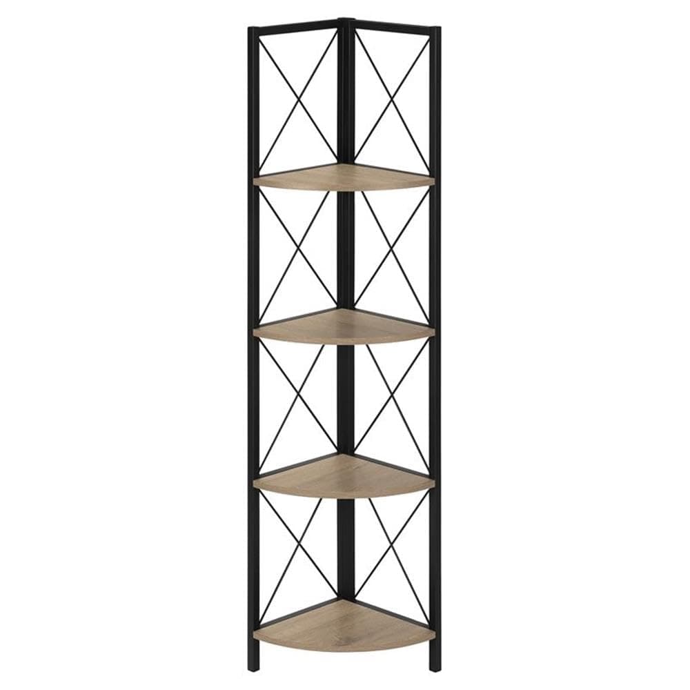 Monarch Specialties I 3648 Bookshelf, Bookcase, Etagere, Corner, 4 Tier, 60" H, Office, Bedroom, Metal, Laminate, Brown, Black, Contemporary, Modern