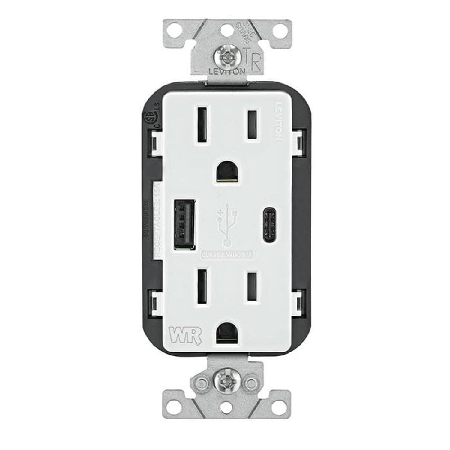 Leviton Type A & Type-C USB In-Wall Charger with 15A Tamper-Resistant Outlet, Outdoor USB Charger for Smartphones and Tablets, Not for Laptops, W5633-W, White
