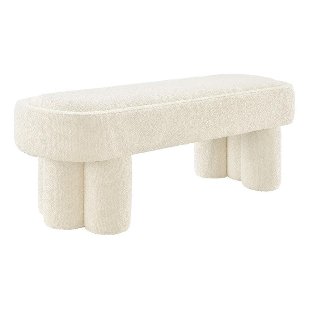 Modway Mossi 52-Inch Modern Oval Boucle Fabric Bench in Cream – Upholstered Accent Bench with Cylindrical Clover-Leg Base for Bedroom, Entryway, or Living Room