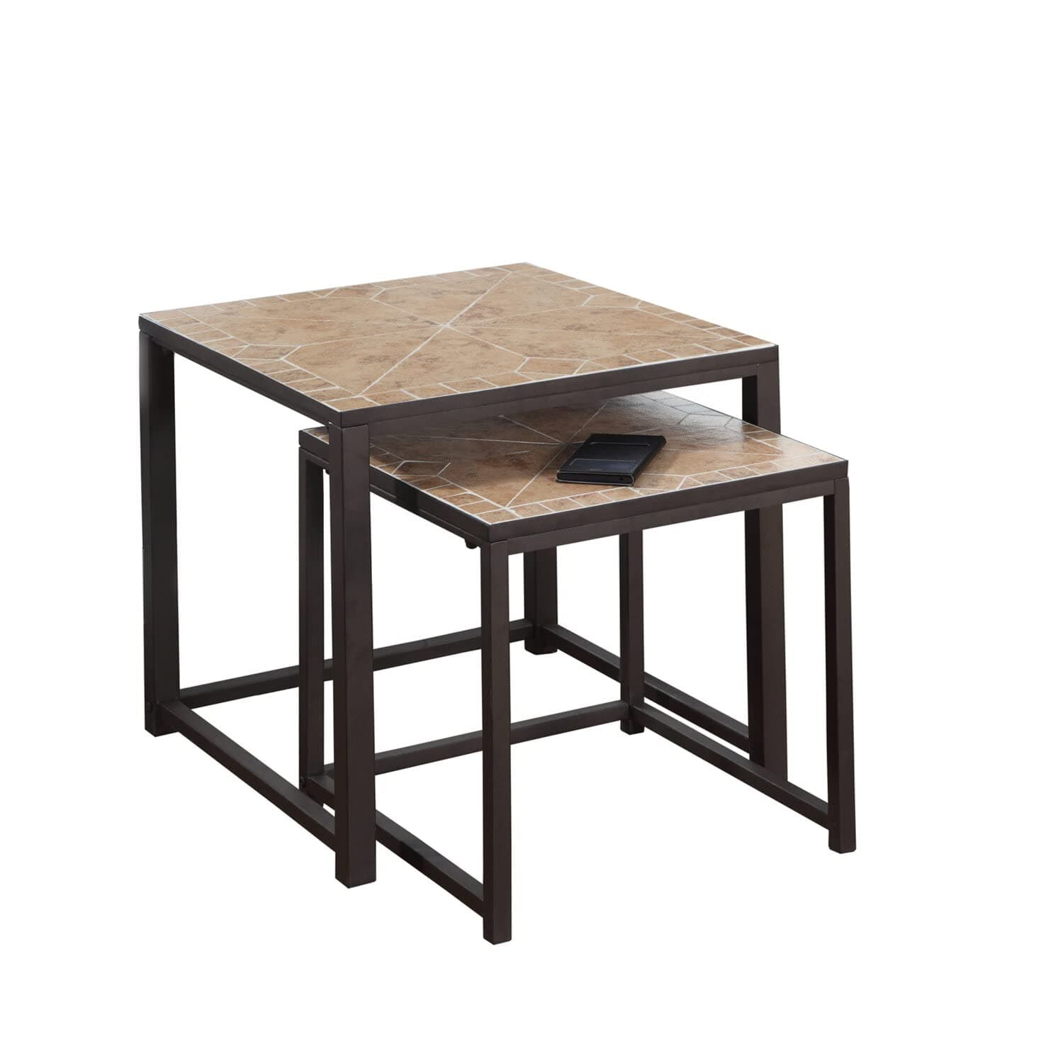 Monarch Specialties I 3161 Nesting Table, Set of 2, Side, End, Metal, Accent, Living Room, Bedroom, Metal, Tile, Brown, Transitional