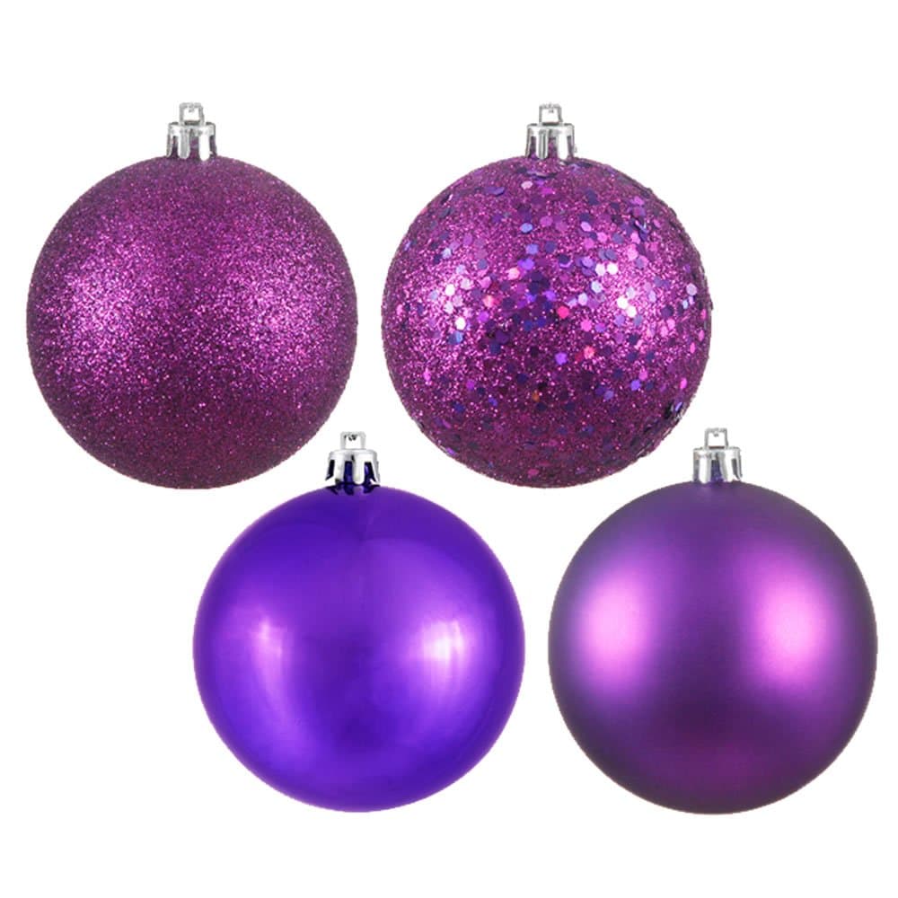 Vickerman Shatterproof Ball Ornament Assortment Featuring Shiny, Matte, Sequin, and Glitter Finishes, 4 per Bag, 12", Plum