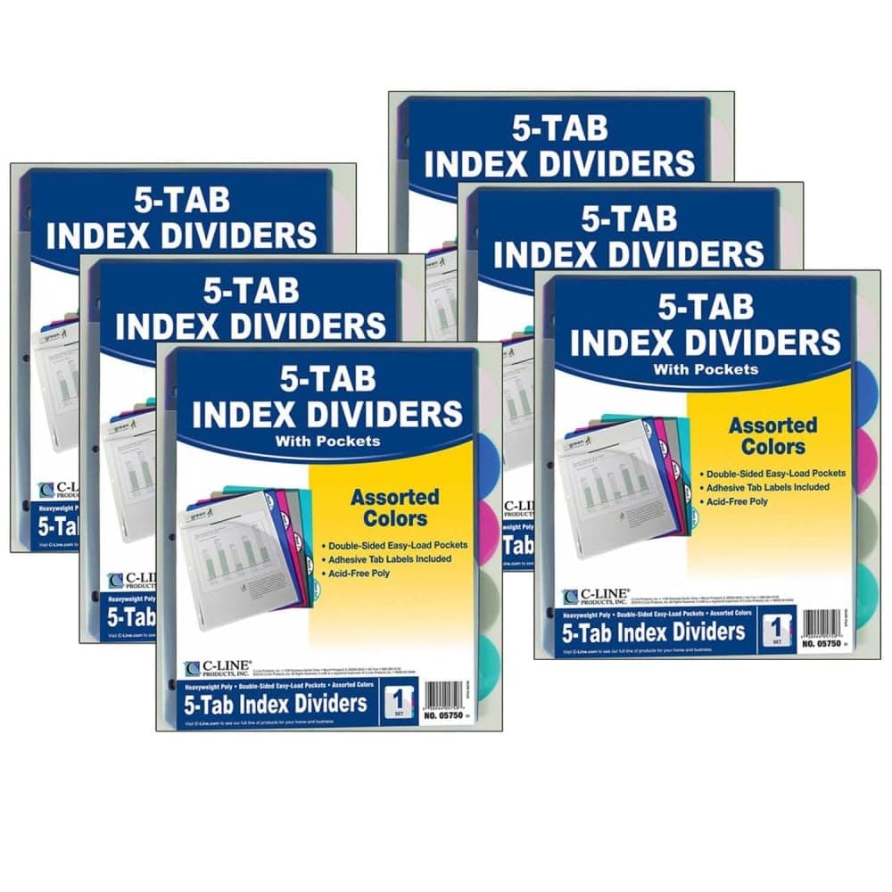 C-Line Products CLI05750-6 5 Tab Poly Index Dividers with Slant Pocket Assorted 5 Stand Tab - Pack of 6
