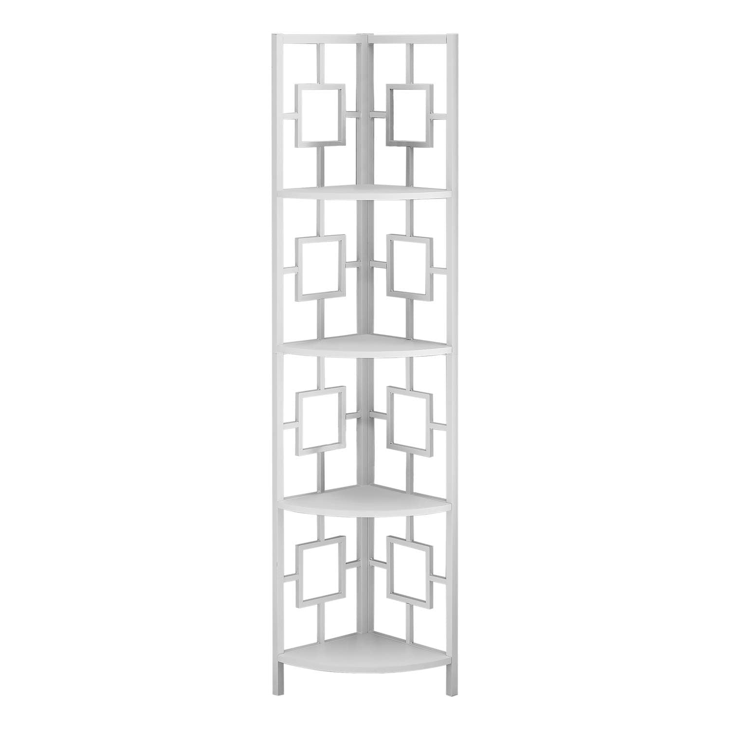 Monarch Specialties I 3613 Bookshelf, Bookcase, Etagere, Corner, 4 Tier, 62" H, Office, Bedroom, Metal, Laminate, White, Contemporary, Modern