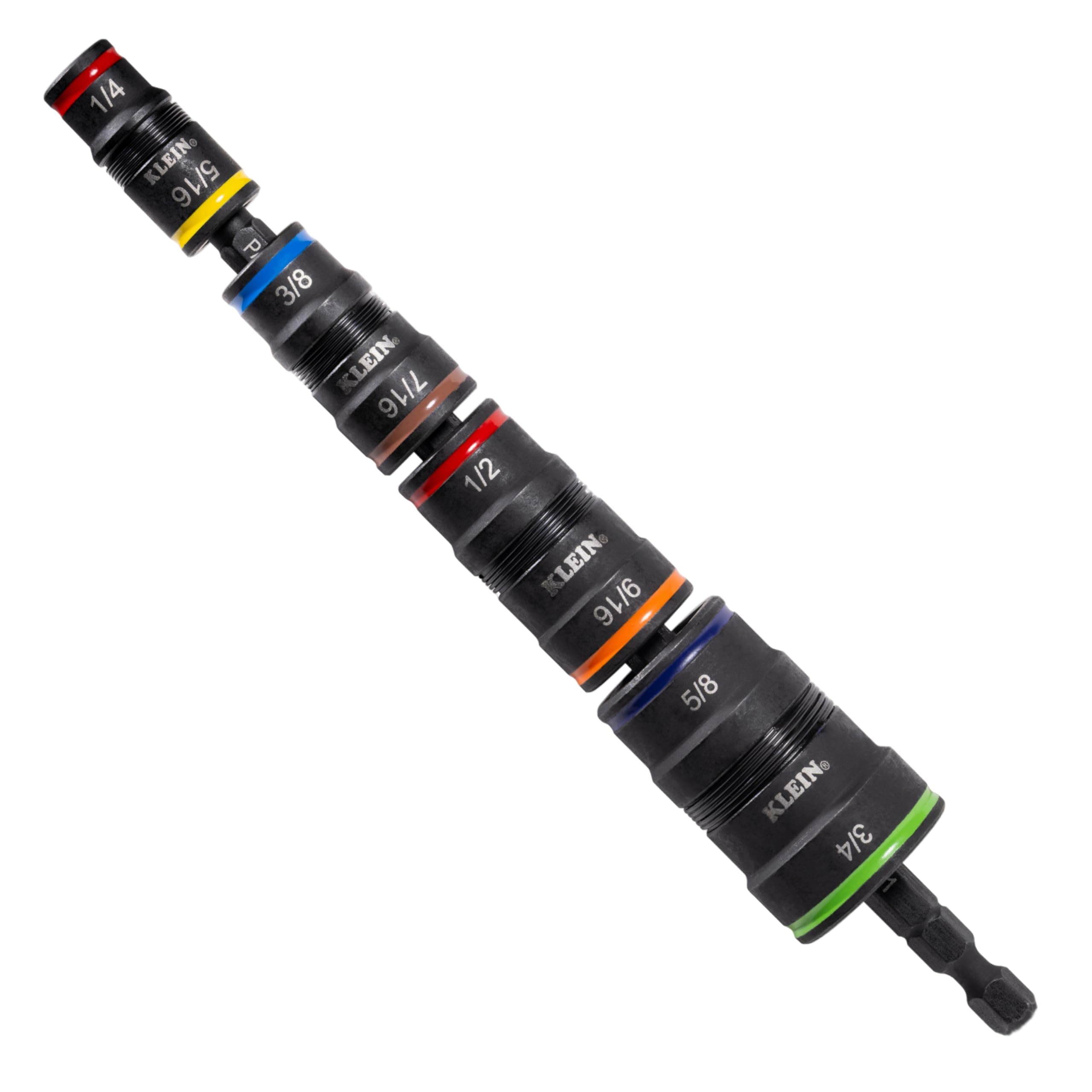 Klein Tools 32934 Impact Driver, 9-in-1 SAE Impact Socket Set, 4 Flip Sockets with 1/4, 5/16, 3/8, 7/16, 1/2, 9/16, 5/8, and 3/4-Inch Nut Driver Sizes with Bit Holder, 6-1/2-Inch Shaft