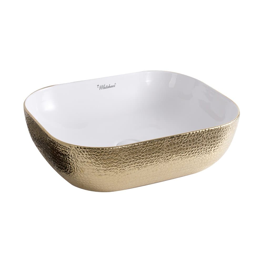 Whitehaus Collection WH71302-F25 Isabella Plus Collection Rectangular Above Mount Basin with an Embossed Exterior, Smooth Interior, and Center Drain, White/Gold