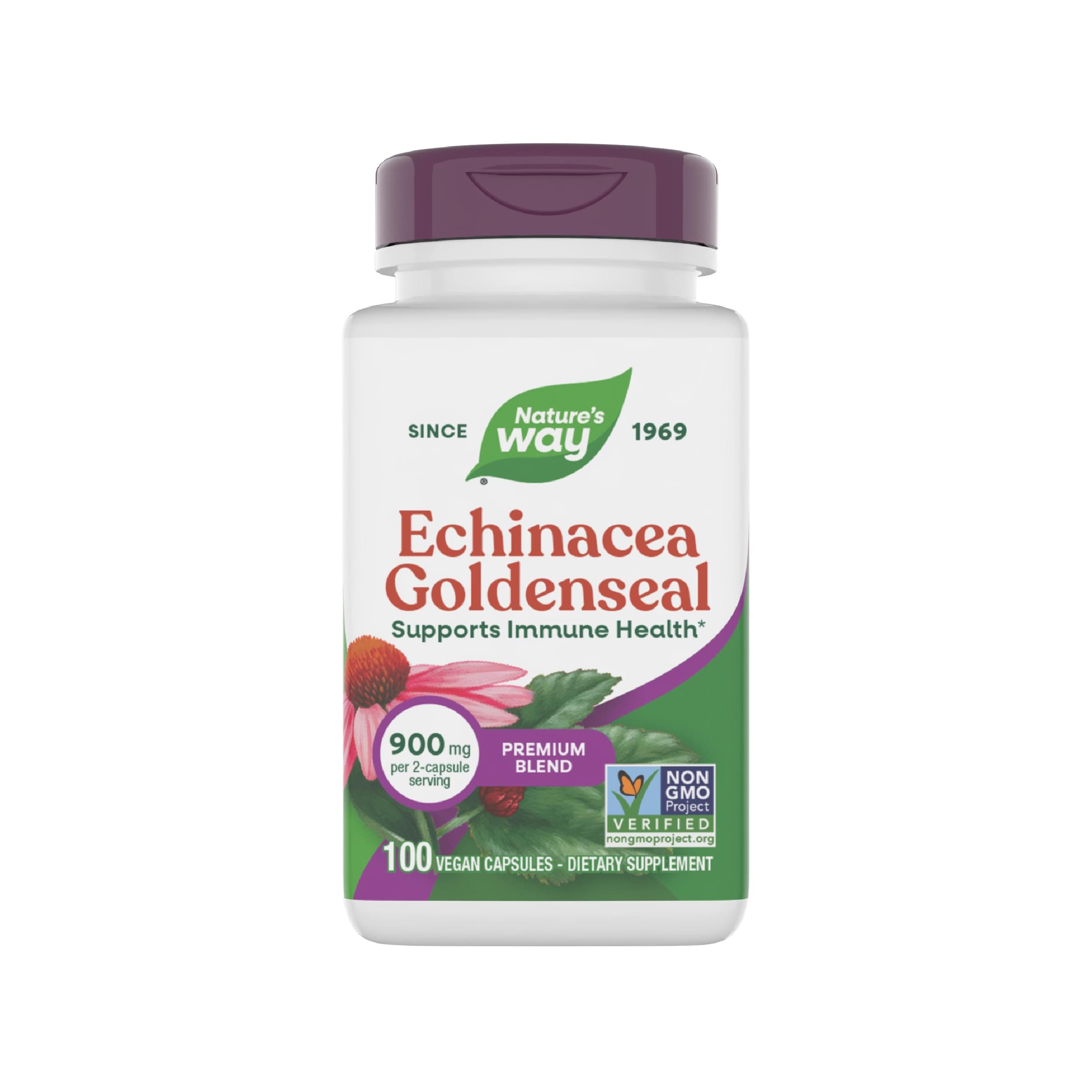 Nature's Way Echinacea Goldenseal, Premium Blend, Supports Immune Health*, 900 mg per 2-Capsule Serving, Non-GMO Project Verified, Vegan, 100 Capsules (Packaging May Vary)