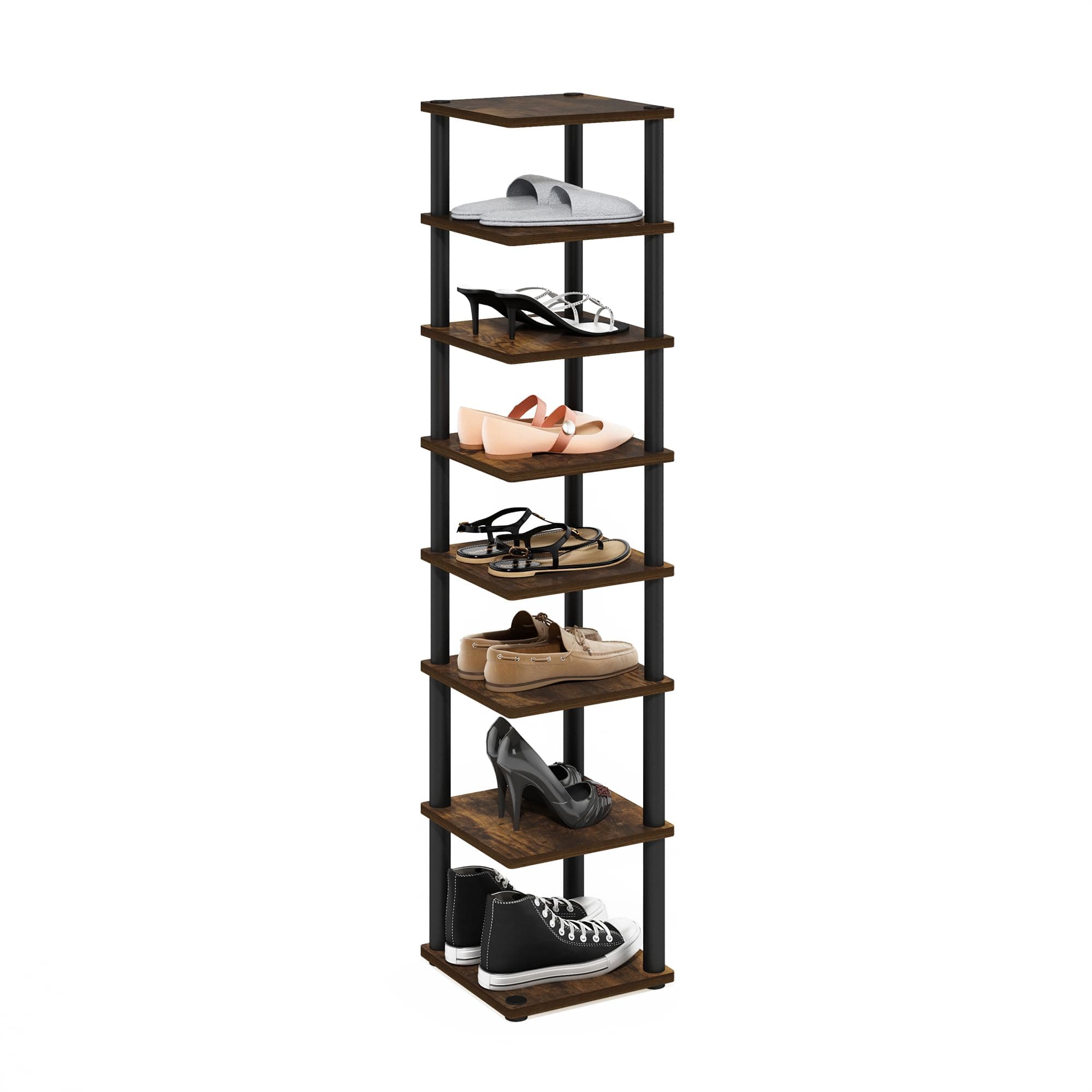 Furinno Turn-N-Tube Vertical Shoe Rack, 8-Tier Narrow Shoe Organizer, Free Standing Shoe Storage, Shoe Shelf for Boots, Sneakers, 11.6 x 11.6 x 52.6, for Closet, Entryway, Office, Garage, Amber Pine