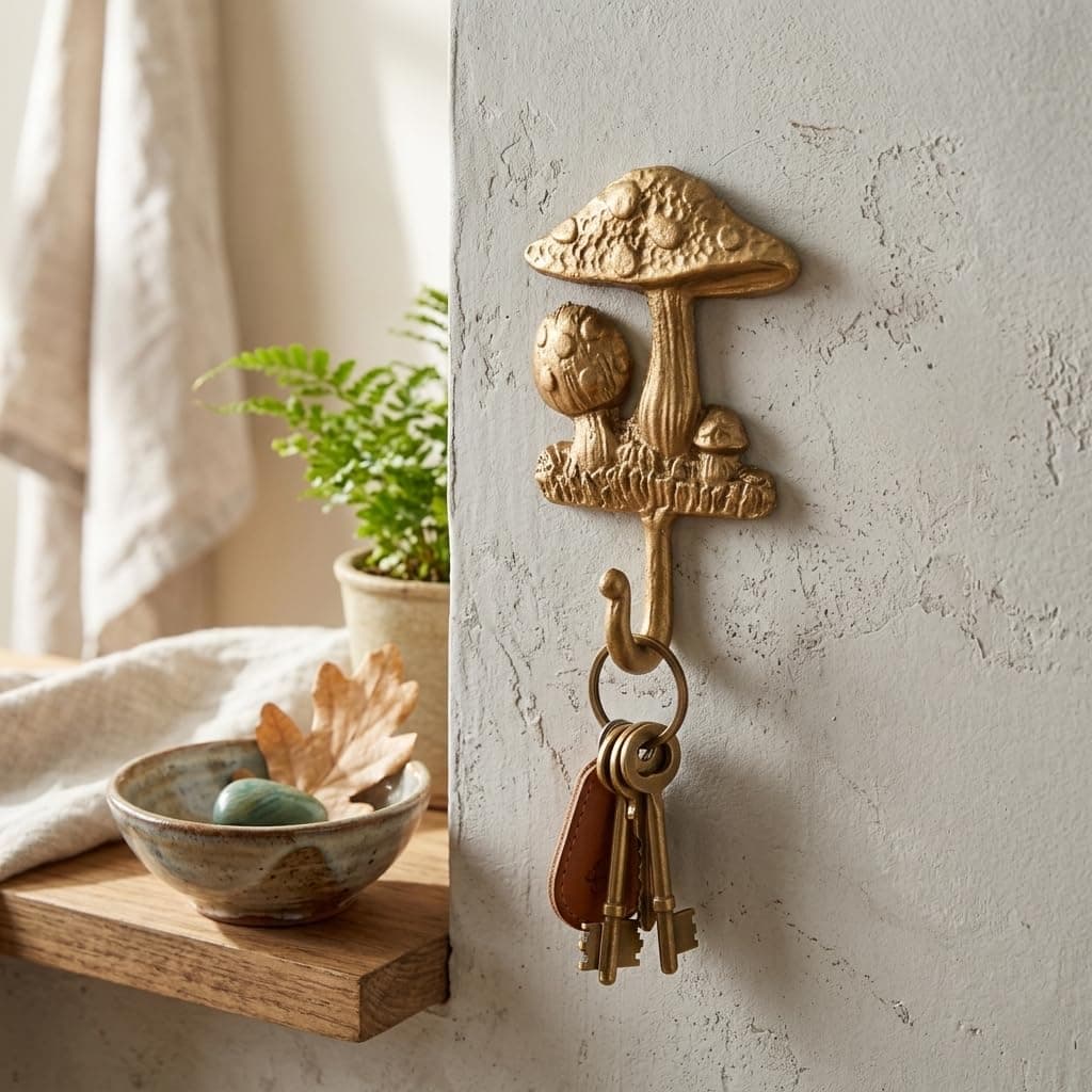 Cheungs Mythra Golden Mushroom Medley Cast Iron Wall Hook - Handcrafted 6.5-inch - Elegant Gold Finish - 3 Prong Hook for Living Room