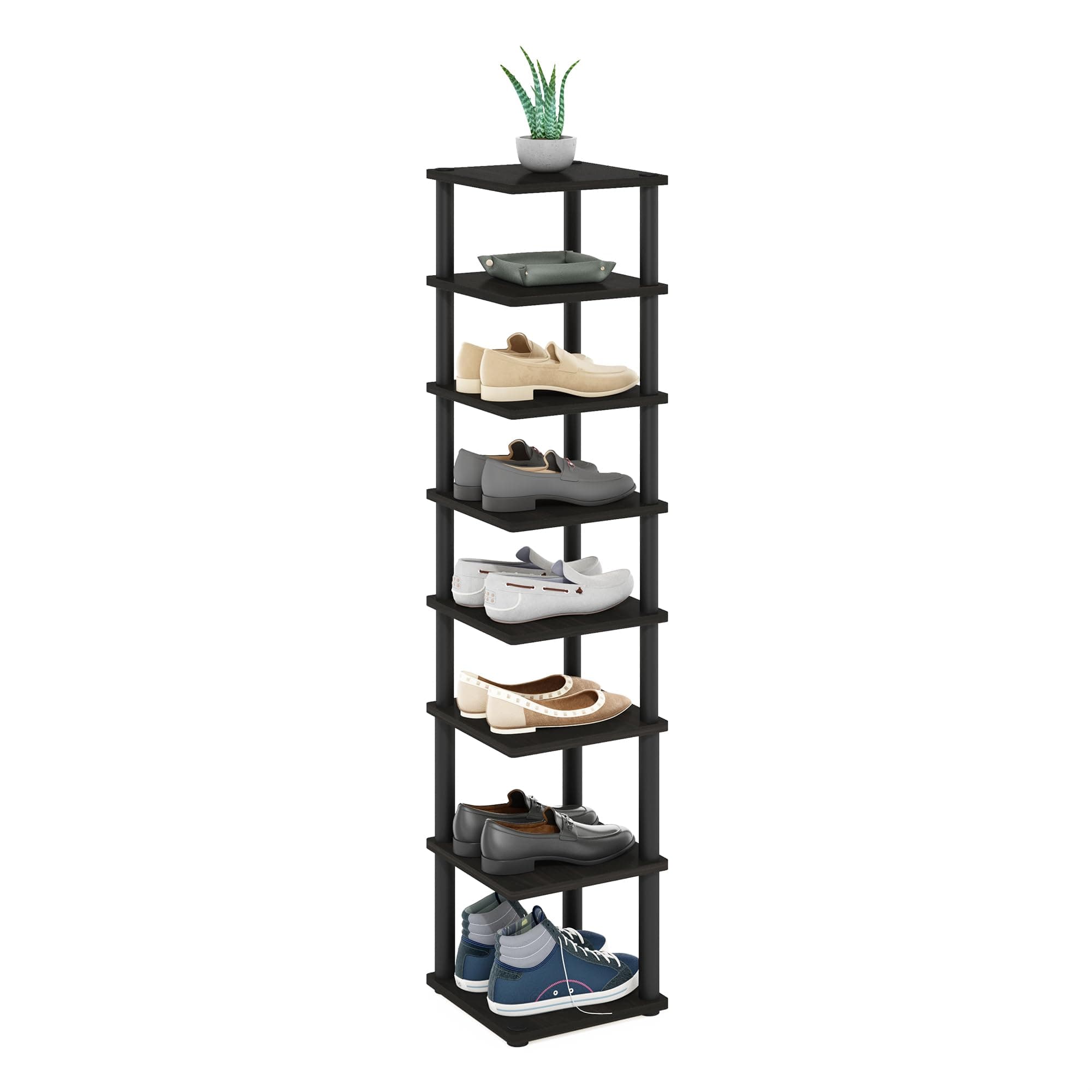Furinno Turn-N-Tube Vertical Shoe Rack, 8-Tier Narrow Shoe Organizer, Free Standing Shoe Storage, Shoe Shelf for Boots, Sneakers, 11.6 x 11.6 x 52.6, for Closet, Entryway, Office, Garage, Espresso