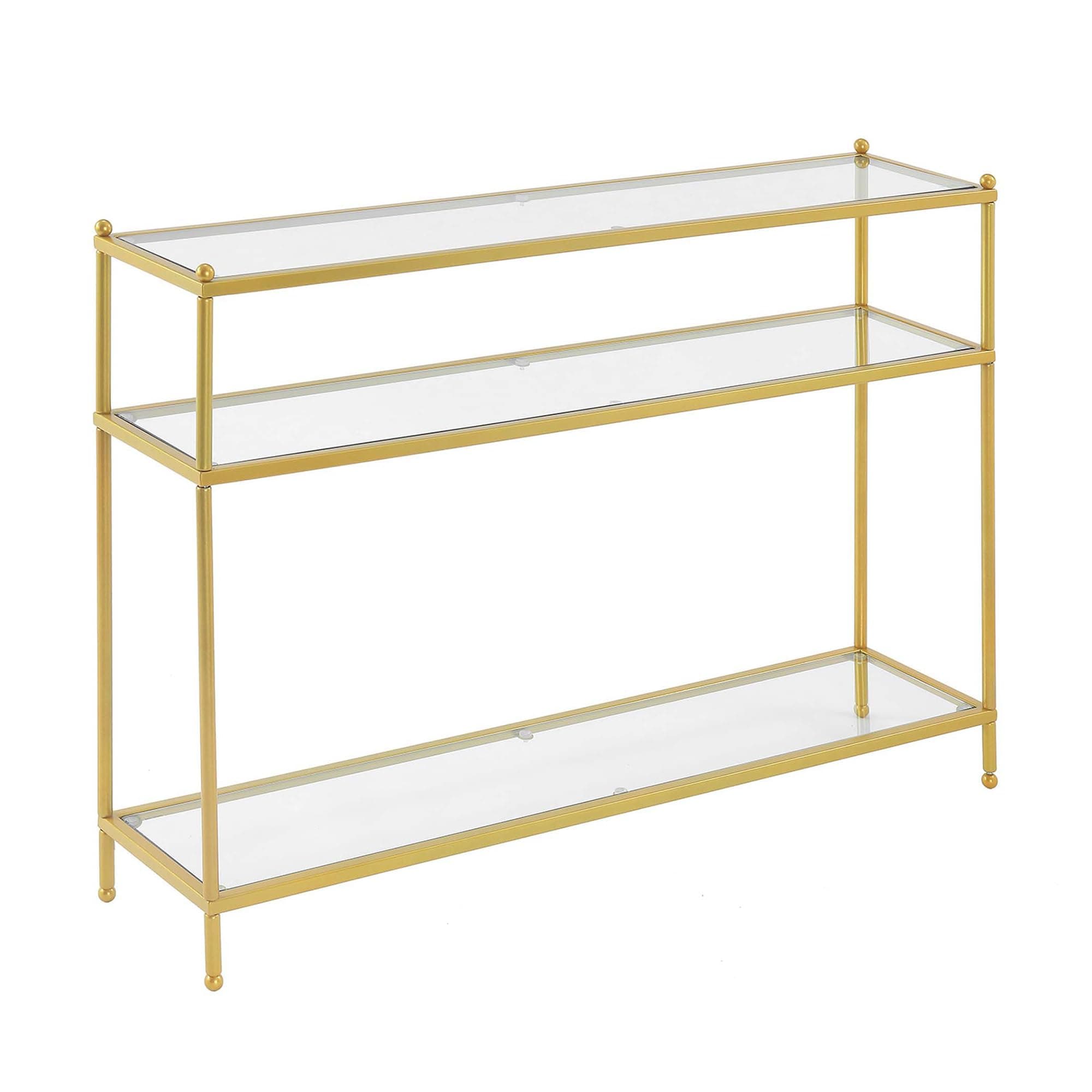 Convenience Concepts Royal Crest Glass Console Hall Table 42" - 3 Tier Modern, Contemporary Narrow Display Accent with Storage Shelves for Living Room, Entryway, Hallway, & Bedroom, Gold