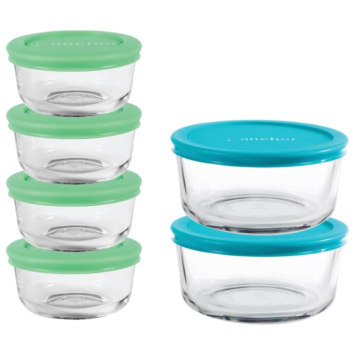Anchor Hocking 12 Piece Glass Storage Containers with Lids (6 Glass Food Storage Containers & 6 Mixed Blue SnugFit Lids)