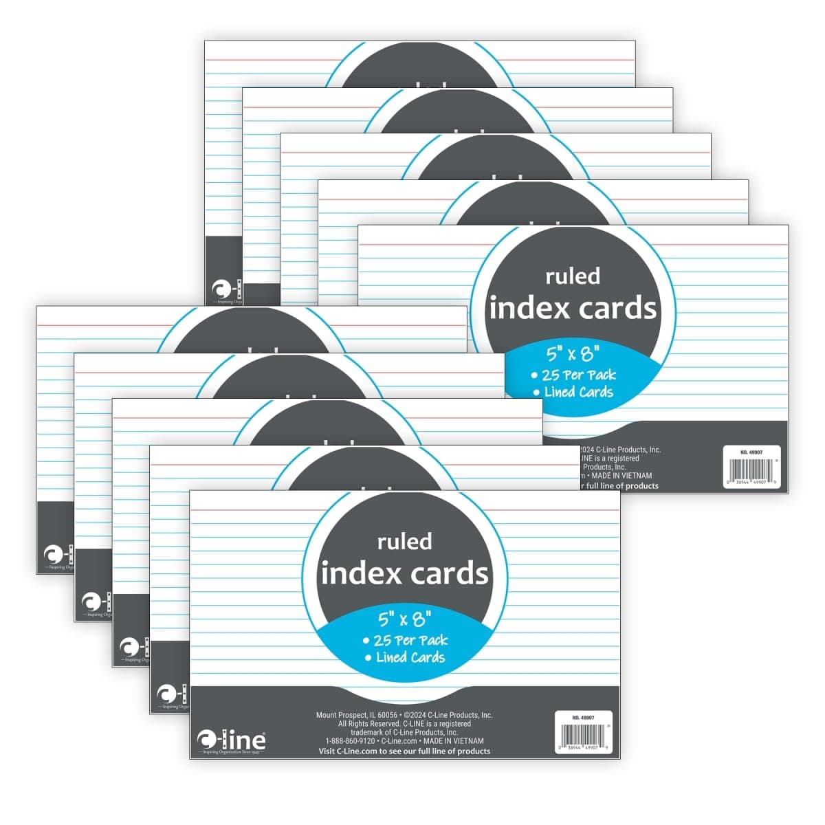 C-Line Products CLI49907-10 5 x 8 in. Ruled Index Cards White - Pack of 10