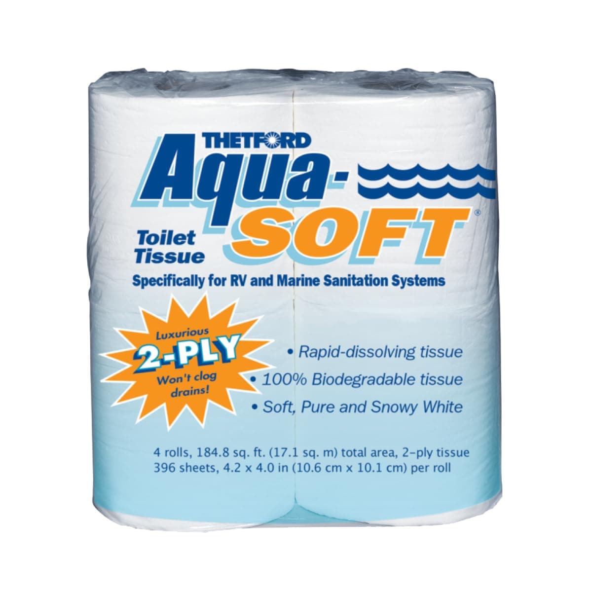 Thetford Aqua-Soft Toilet Tissue - Toilet Paper for RV and marine - 2-ply - Thetford 03300 (Pack of 4 rolls) , White