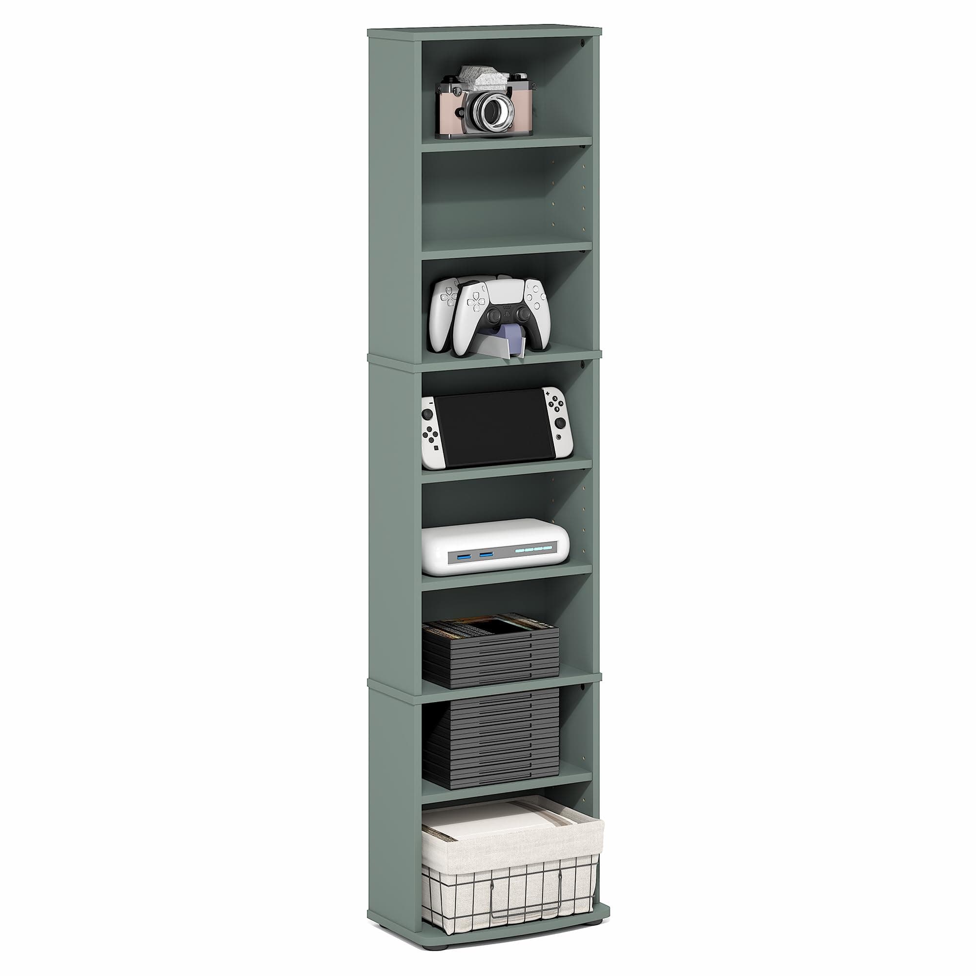 Furinno Jaya DVD Shelf, 8-Tier Tall Narrow CD Rack, Media Shelf with Adjustable Shelves, DVD Storage Cabinets for CD Bluray Game Disc, Easy Assembly, for Living Room, Home Office, Sage Green