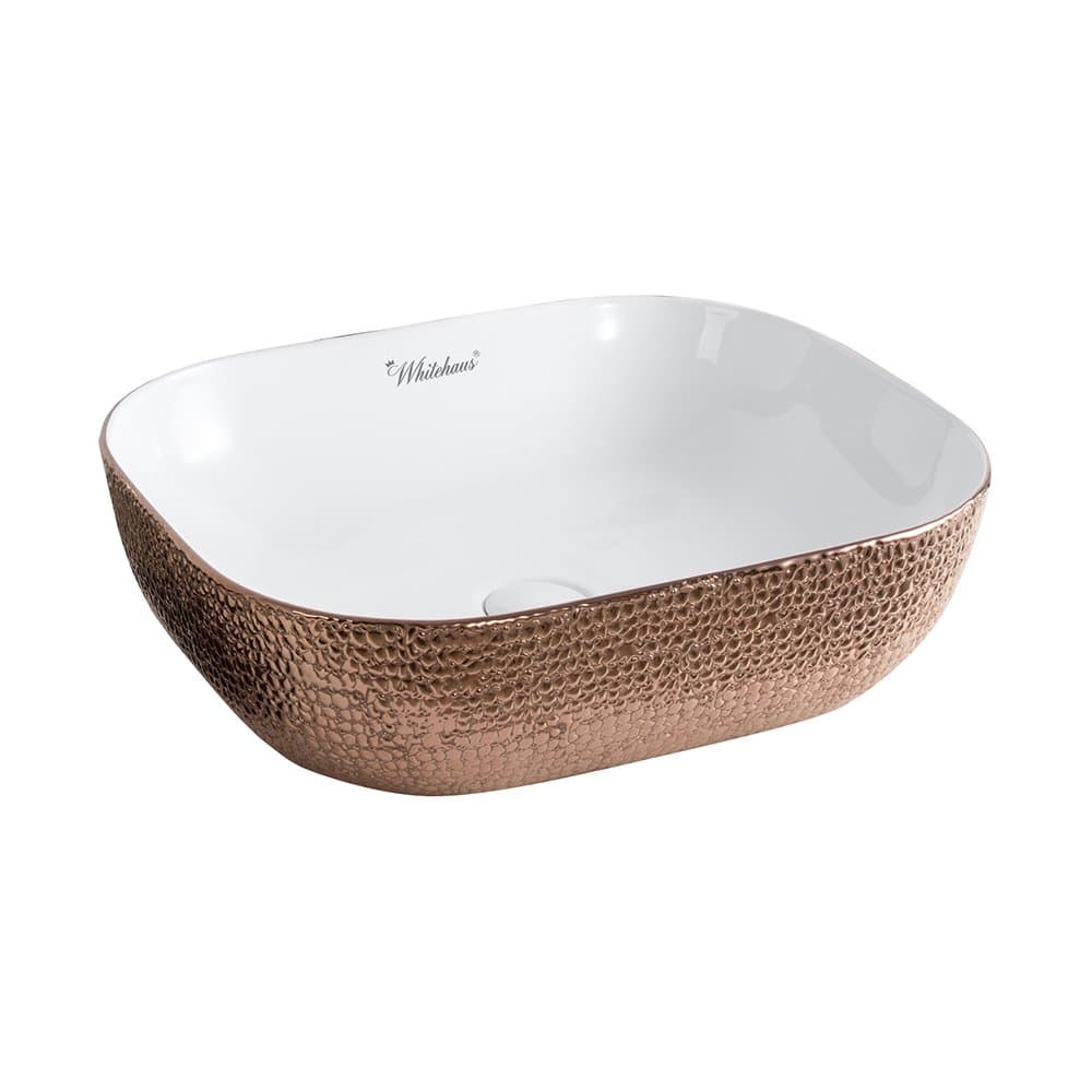 Whitehaus Collection WH71302-F23 Isabella Plus Collection Rectangular Above Mount Basin with an Embossed Exterior, Smooth Interior, and Center Drain, White/Rose Gold