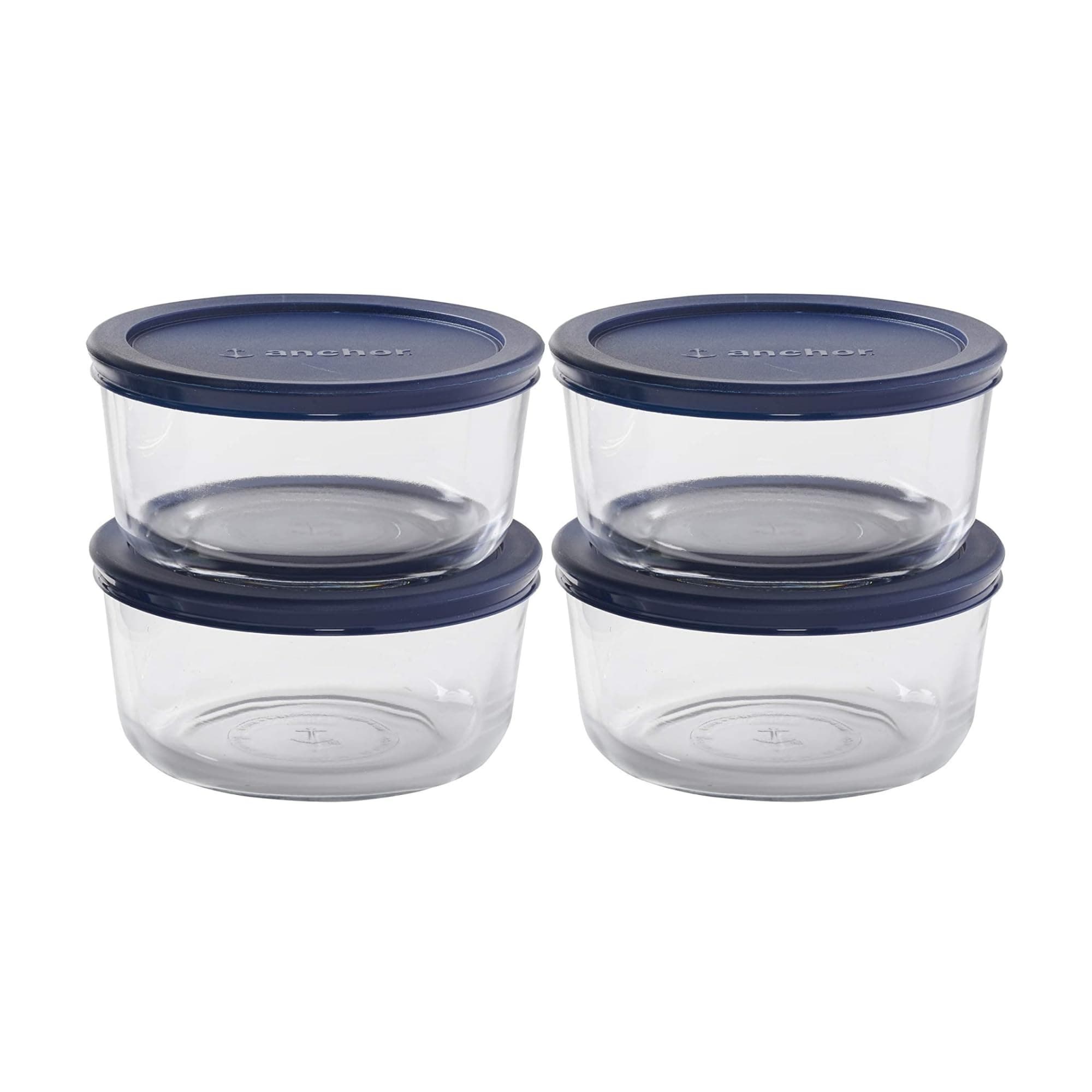 Anchor Hocking SnugFitTM Round Food Storage Containers with Lids (4-Piece, 4-cup, Navy Blue, oven-safe)