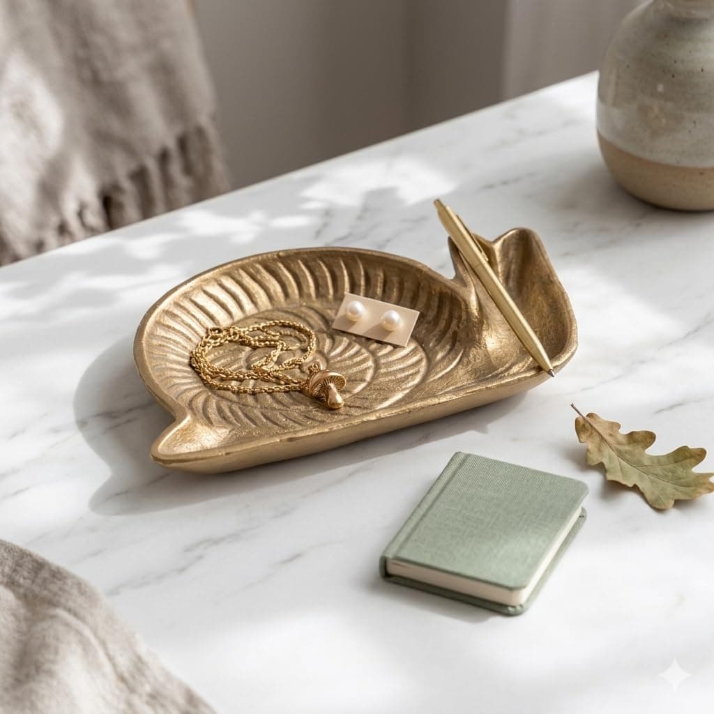 Verdor Golden Snail Cast Iron Catchall Tray 7.25" - Metal Cast Iron Tray for Living Room Decor, Handcrafted Gold Finish, Nature-Inspired - by Cheungs