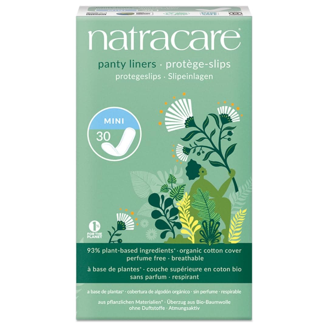 Natracare Natural Organic Mini Panty Liners, Made with Certified Organic Cotton, Ecologically Certified Cellulose Pulp and Plant Starch (1 Pack, 30 Liners Total)