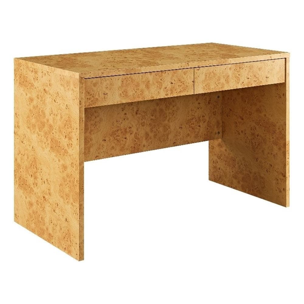 Modway Hudson Burl Wood Desk with Drawers in Natural - Modern Writing Desk - Narrow Home Office Desk - Vanity Table Without Mirror