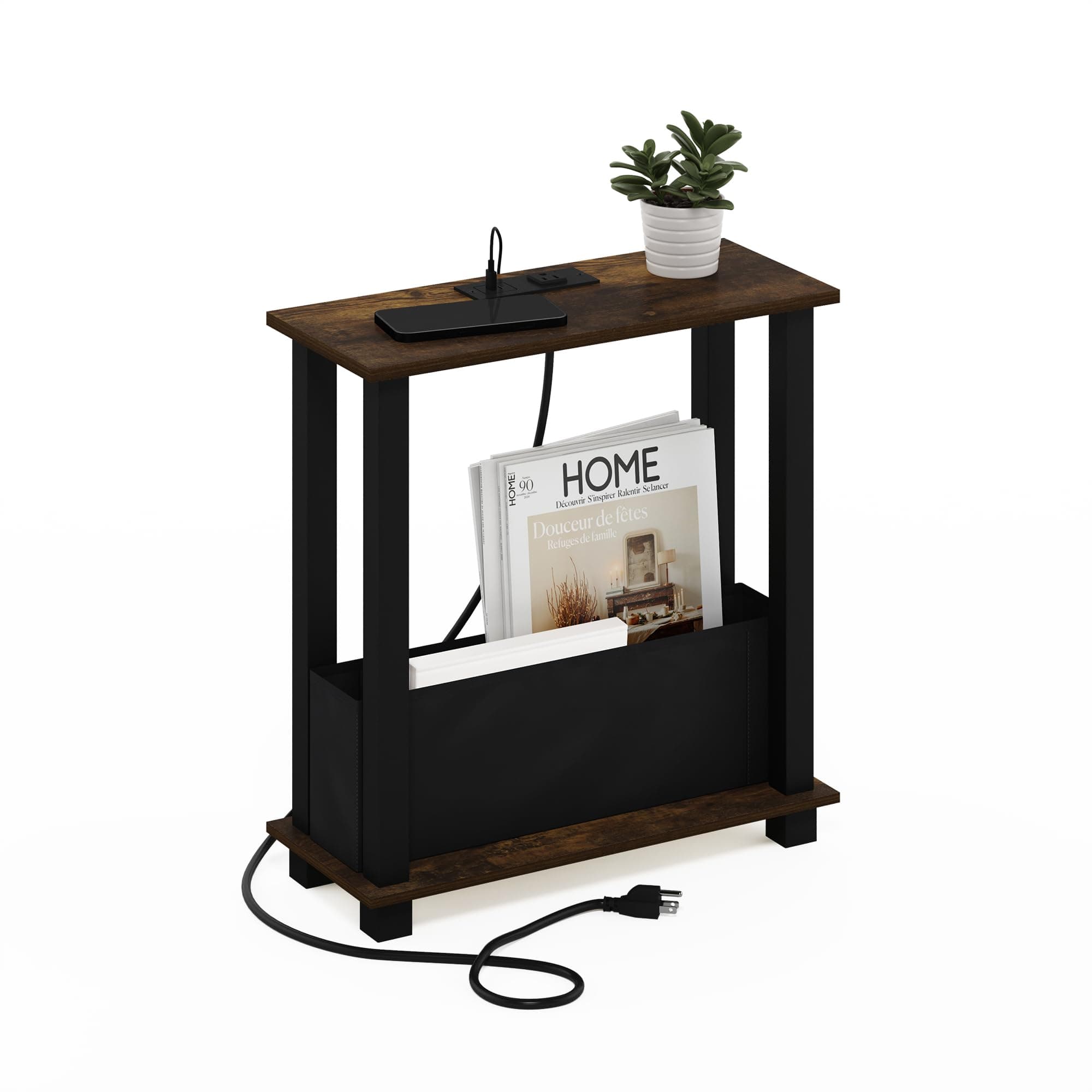 Furinno Turn-S-Tube Side Table, 2-Tier Slim Narrow End Table with Charging Station and Storage Bins, Night Stand, Bedside Table with USB and Type-C Port, for Living Room, Bedroom, Amber Pine