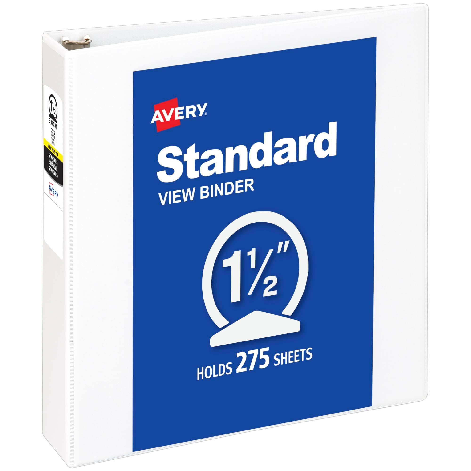 Avery Standard View 3 Ring Binder, 1.5" Round Rings, 275-Sheet Capacity, 2.1 Inch Wide Spine, 1 White Binder, Ideal for Lightweight Organization and Occasional Referencing (05726)