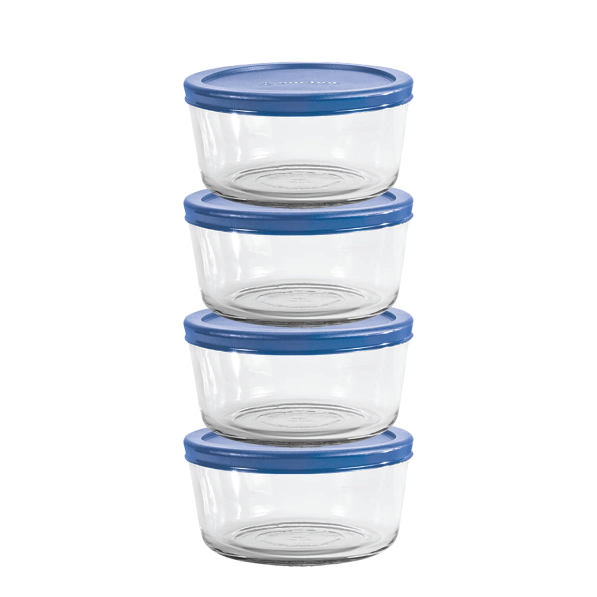 Anchor Hocking 2 Cup Glass Storage Containers with Lids, Set of 4 Glass Food Storage Containers with Blueberry SnugFit Lids