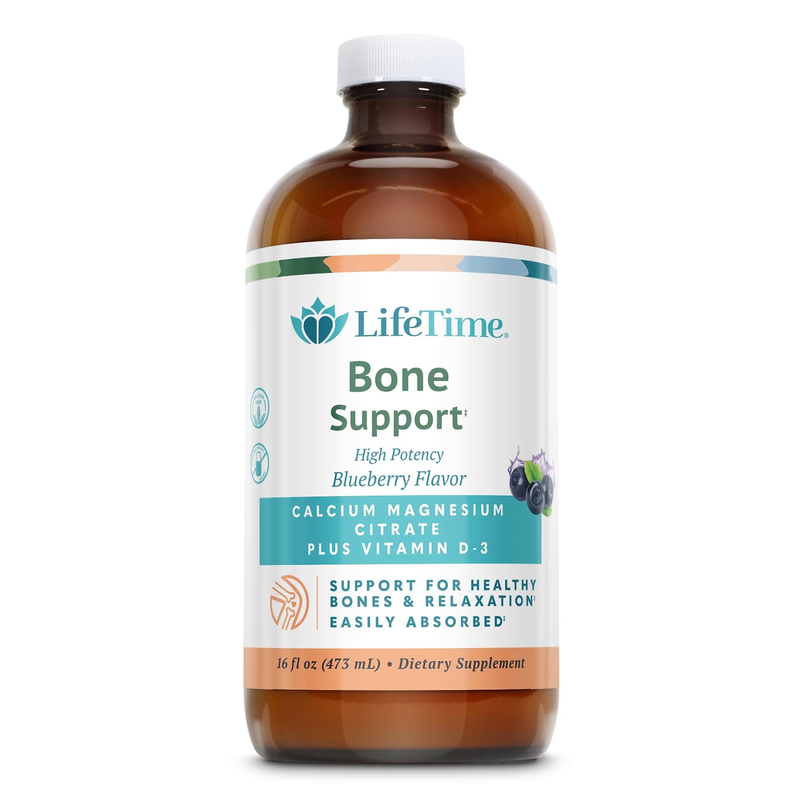 LIFETIME Bone Support, Calcium Citrate, Magnesium Citrate and Vitamin D-3, Relaxation, Bone and Muscle Support Formula, Easy Absorption, Blueberry Flavor, Approximately 32 Servings, 16 FL OZ